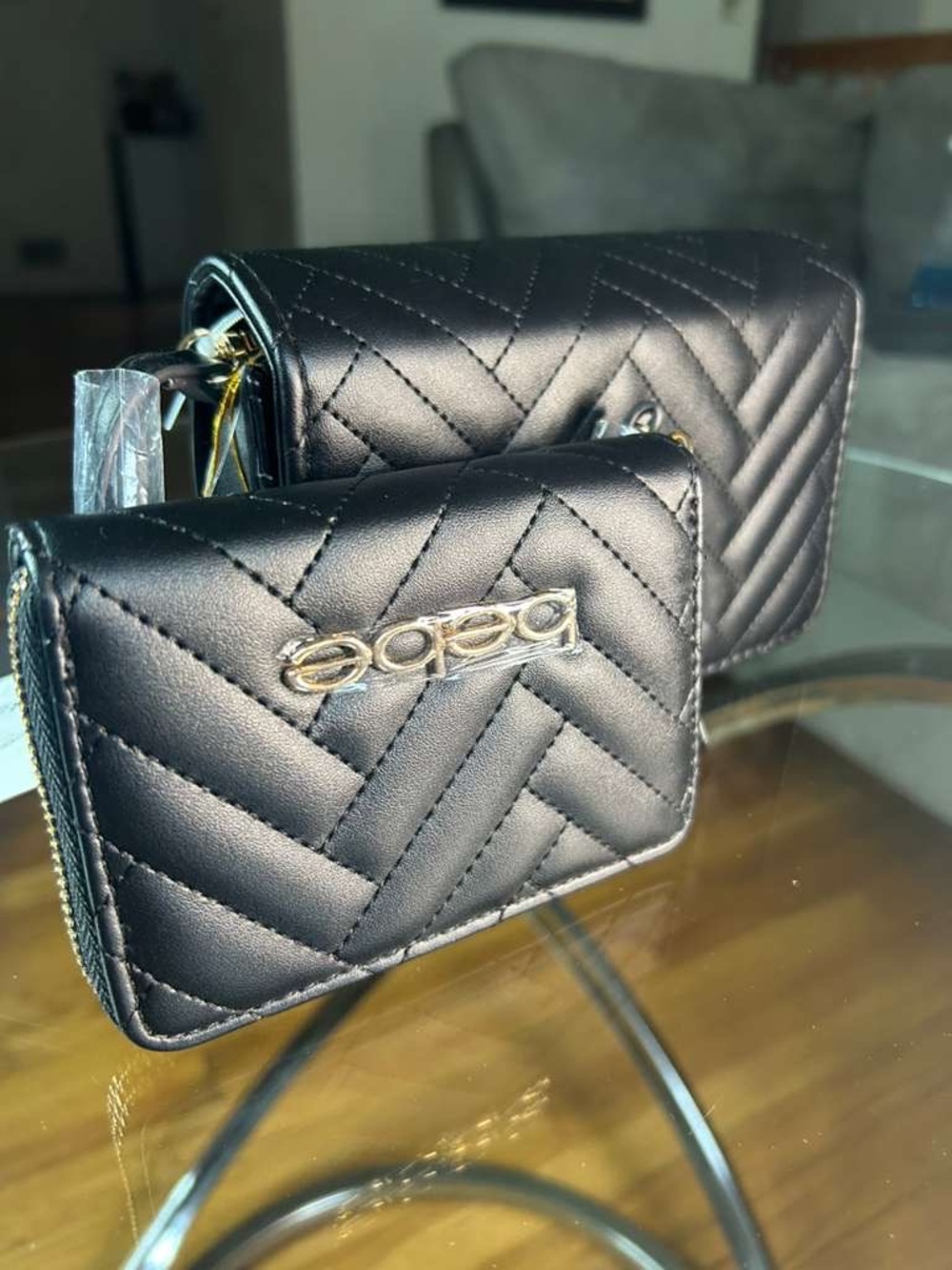 bebe Black Quilted Mini Crossbody and Zip Wallet Set with Gold Logo